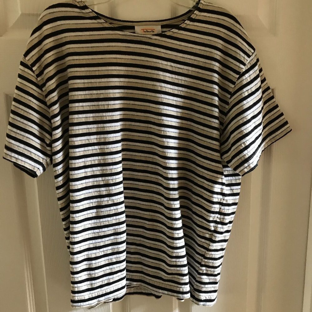 Talbots Tee Shirt Top Size XL Black, Beige and White Stripes Cotton